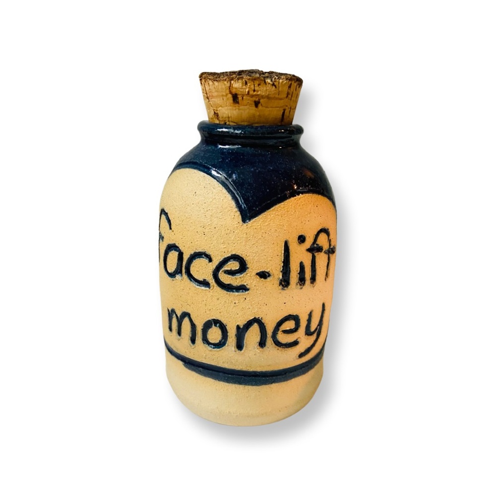 Vintage Pottery Jar With Cork “Face Lift Money” Piggy Bank